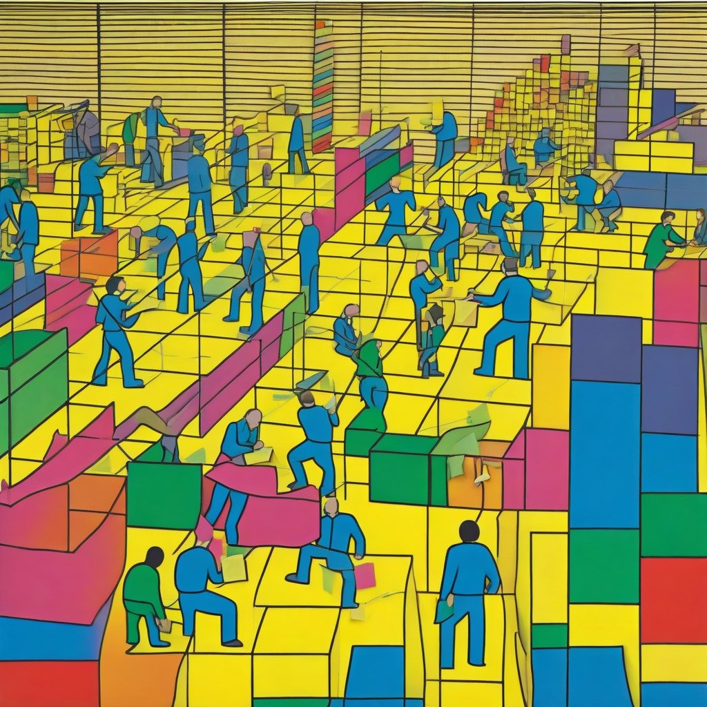 Artwork. Many people in blue. Searching looking for things. Looking for all the people and places amongst mountains of sticky notes - By Andrew Duckworth